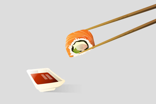 палочки для еды щипцы суши, смоченной в соевом соусе. - bar stock illustrations