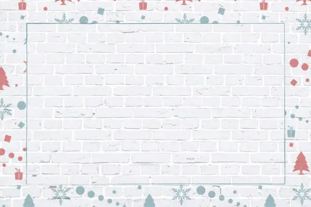 Vector illustration of Vector Illustration of a Christmas photo frame in pale blue teal and dull red coloured elements snowflakes , small trees, stars, wrapped up gift boxes, pattern of descending dots, circles, surrounding/ making a border of a grunge textured brick wall