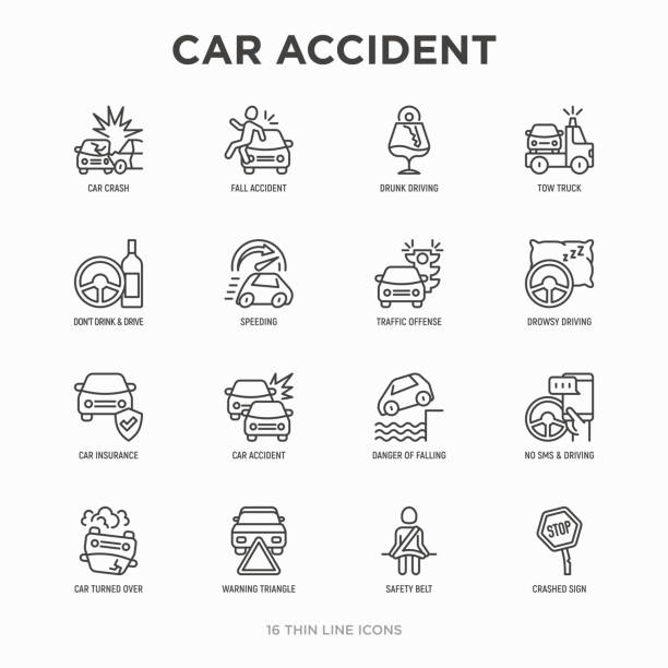 wypadek samochodowy cienka linia ikony zestaw: rozbite samochody, laweta, pijany jazdy, pas bezpieczeństwa, wykroczenie drogowe, ubezpieczenie samochodu, upadek w wodzie, trójkąt ostrzegawczy. nowoczesna ilustracja wektorowa. - warning sign seat belt stock illustrations