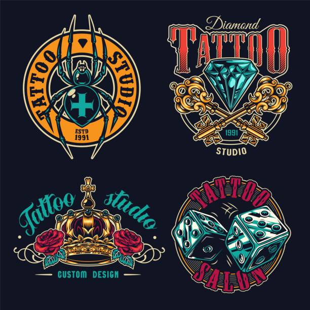 Tattoo salon colorful labels set Tattoo salon colorful labels set with spooky cross spider dice crossed antique keys diamond ornate royal crown rose flowers in vintage style isolated vector illustration spider on flower stock illustrations