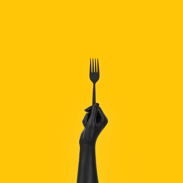 istock Black Hand holding fork isolated on yellow, abstract food concept banner.  3d rendering 1179183721
