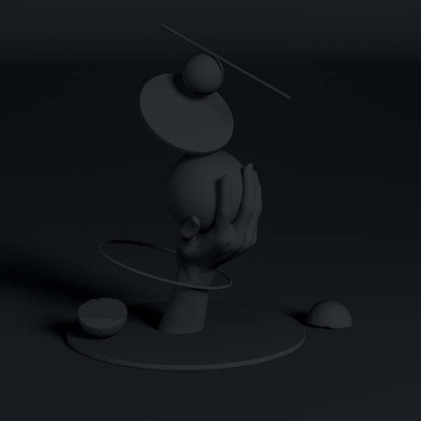 istock Abstract black art sculpture background, balance concept, hand statue holds geometric elements, 3d rendering 1179185041