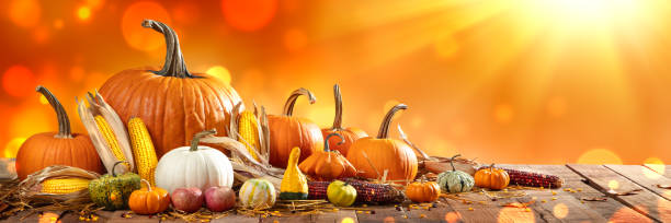 istock Wooden Harvest Table With Pumpkins Corncobs Gourds And Apples 1179193406