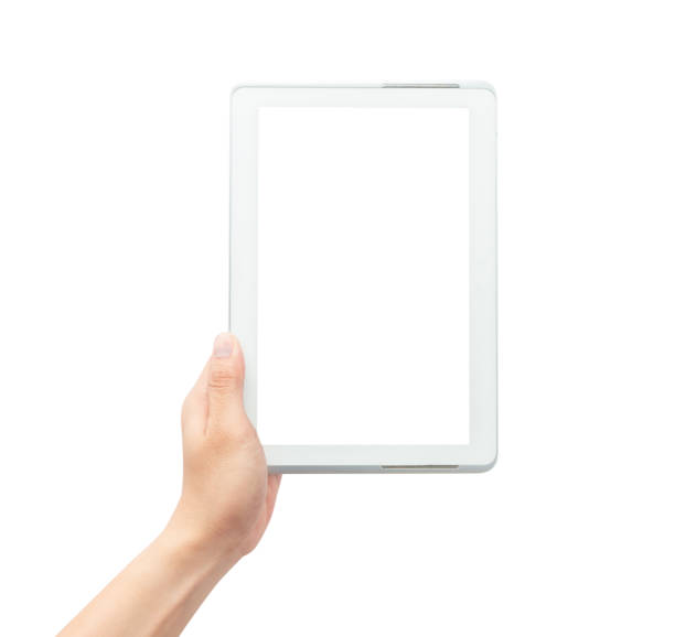 istock Male hand holding the white tablet pc computer with blank screen isolated on white background with clipping path 1179202754
