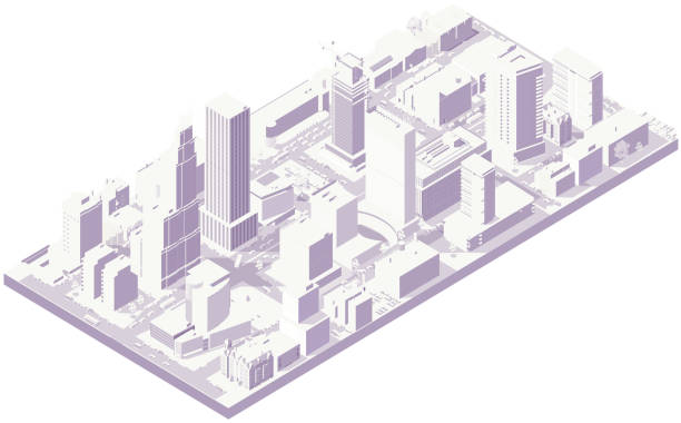 Aerial isometric city in white Illustration of a modern downtown city in all white, presented in isometric projection. Elegant light and shadow reveal a deep attention to detail, like a well-constructed architectural model or maquette. Includes a variety of buildings including modern skyscrapers, apartments, and shops, along with a street grid, vehicles, and trees. Vector illustration can be used as a repeating tile. isometric smart city stock illustrations