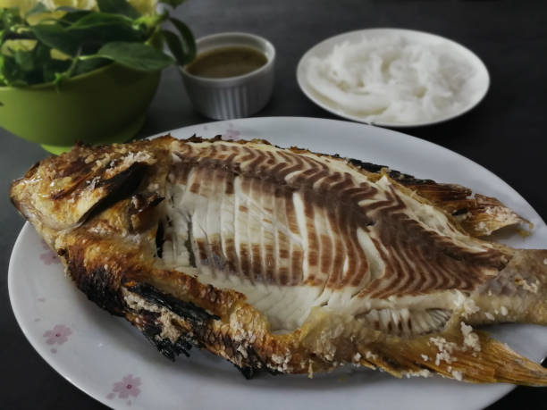 istock Salt-Burning Fish on white dish, healthy food and weight control. Food on marble surface. 1179211237