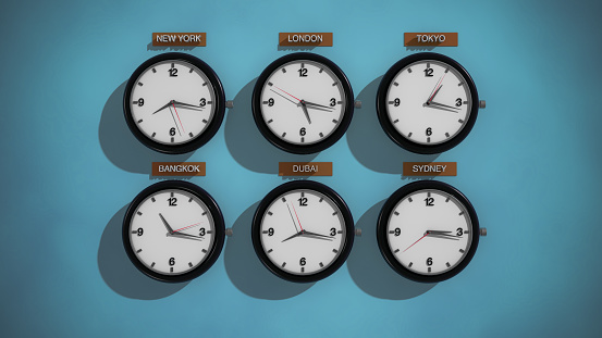 3D Rendering,Realistic vintage clock on the blue green wall background, time zone concept design.