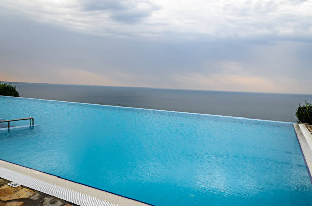 Infinity pool with crystal blue water view to sea  ocean.