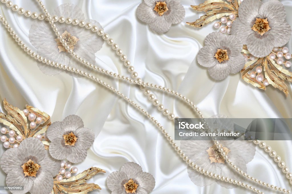 3d Wallpaper Texture Jewelry Flowers And White Pearls On Silk Stock Photo -  Download Image Now - iStock