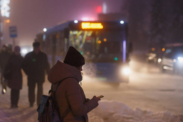Young woman checking the smartphone while waiting for the bus to come. Froty winter. Dusk time. stock photo