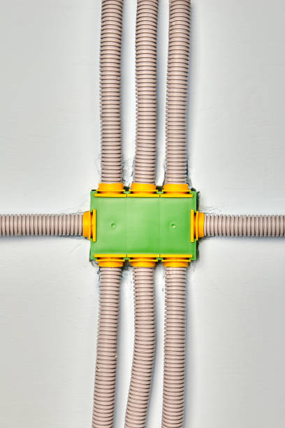 nonmetallic electrical conduit  made of pvc. - electrical junction box imagens e fotografias de stock