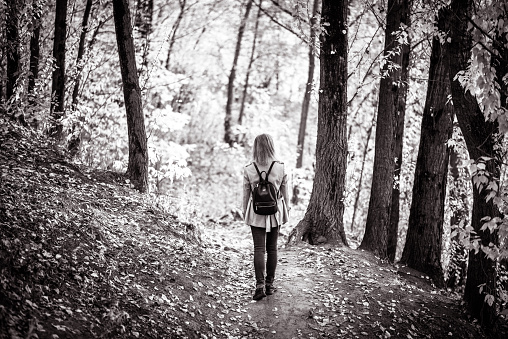 Woman in autumn forest, back view. Lonely adult girl walking away alone on path in fall park.