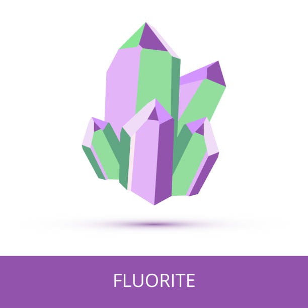 Vector mineralogy icon of calcium fluoride mineral fluorite CaF2 from the mohs scale of mineral hardness isolated on a white background Violet or purple green crystalline stone or gemstone crystal isolated on a white background. hardness stock illustrations
