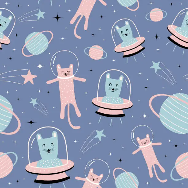 Vector illustration of Cute cats seamless pattern with funny alien in space theme. Stars, planet, and meteor during the night. Background nursery for kids and baby fashion textile print. Adventure children drawing colorful