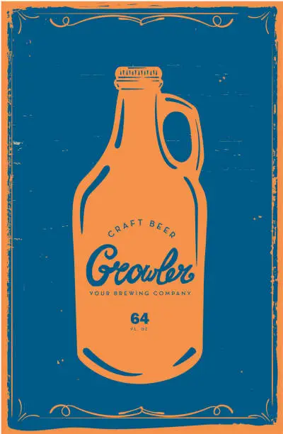 Vector illustration of Hand drawn Craft Beer Growler glass jug with sample text label