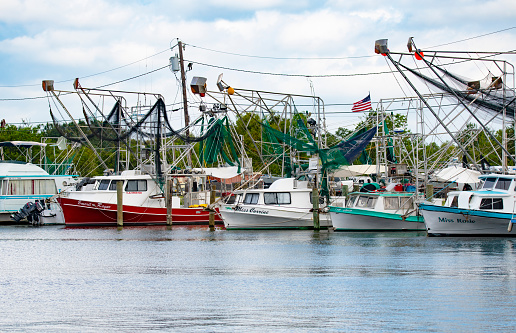 Commercial fishing vessels docked in the town of Jean Lafitte, Louisiana located on Bayou Barataria. Much of the shrimp consumed by the New Orleans market comes from Lafitte shrimpers.\nJean Lafitte, Louisiana\nSeptember 29, 2019