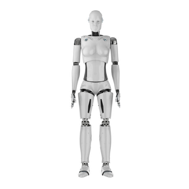 Showcase of an expensive clothing store. Futuristic-looking mannequins (cyborgs)  in fashionable and expensive clothes.