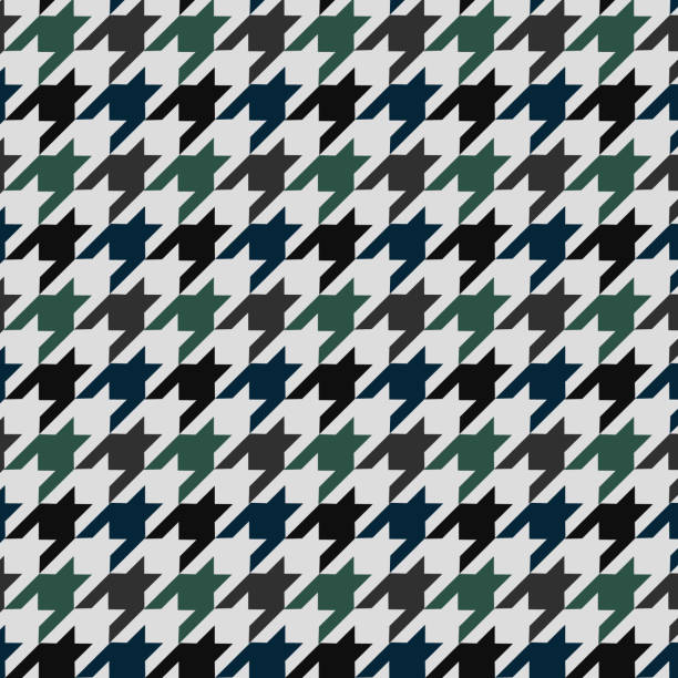 하운드 치아 벡터 패턴 장식. 흰색 배경에 녹색과 파란색 색상의 기하학적 인쇄. 패션 디자인 클래식 영어 배경 글렌 격자 무늬 - houndstooth pattern geometric shape textile stock illustrations