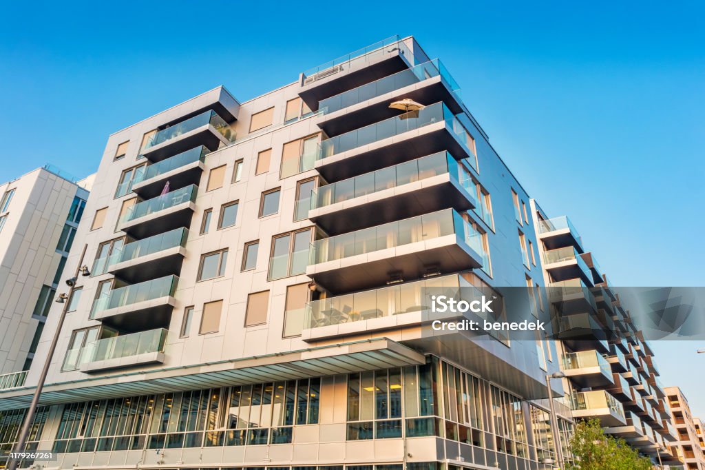 New condo buildings in downtown Oslo Norway Stock photograph of new apartment buildings in downtown Oslo Norway on a sunny day. Norway Stock Photo