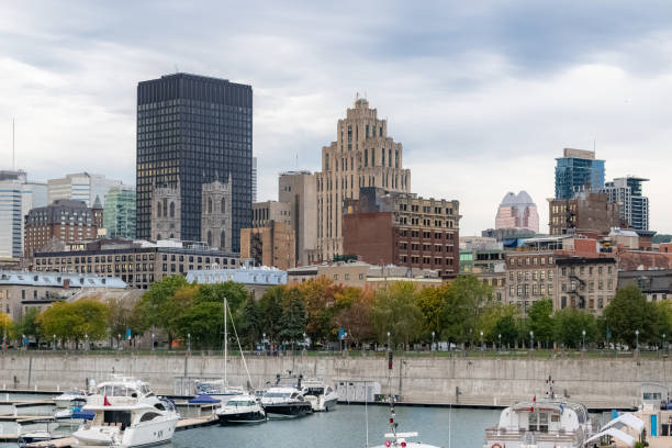 Montreal in Canada, view of the harbor and downtown, with modern and ancient buildings on the Saint-Laurent river