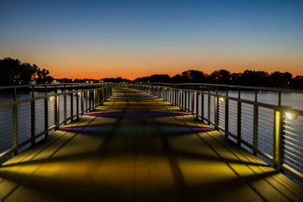 The colorful Lowry Avenue arch bridge in Minneapolis, Minnesota. The bridge normally displays blue lights but is lit in other colors for certain hollidays and events with its LED system.