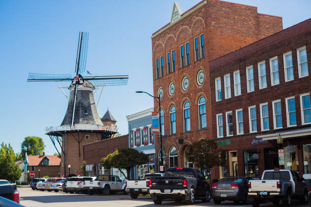 Pella, United States - September 25, 2019. Looking toward the Vermeer Museum in Pella, a small town in rural Iowa, well-known for its Dutch heritage.