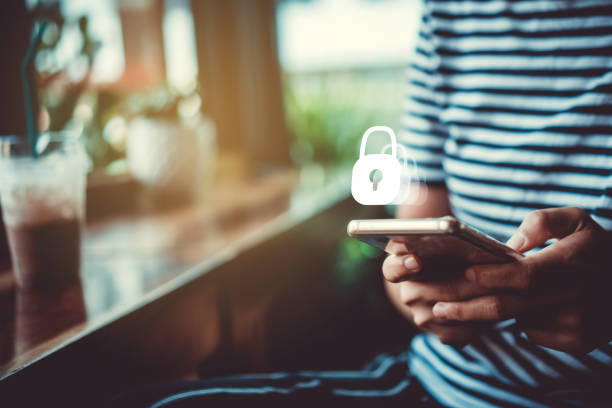 istock Lock sign security system icon screen on smartphone show feel safe in social network or mobile banking. 1179274072