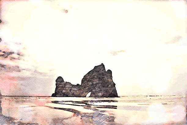 aquarell illustration einer insel am strand bei lowtide - golden bay stock-fotos und bilder