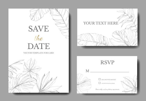 벡터 녹색 잎 식물입니다. 잉크 아트가 새겨져 있습니다. 야자 수 해변 나무 잎입니다. 웨딩 배경 카드 꽃 장식 테두리입니다. - wedding invitation stock illustrations