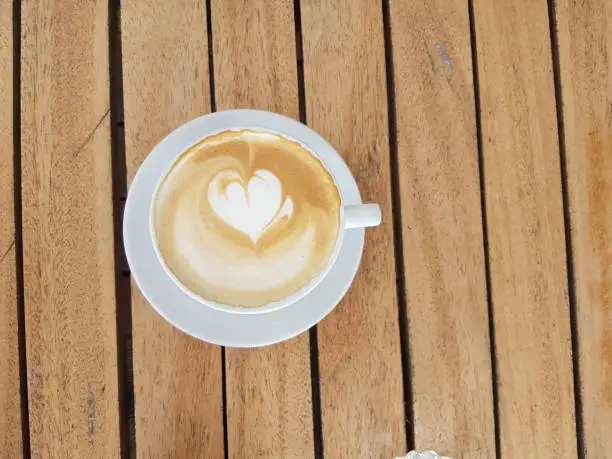 cappuccino coffee heart top view wooden brown  background