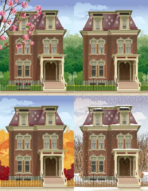 Vector illustration of Victorian House in Four Seasons Vector Illustration