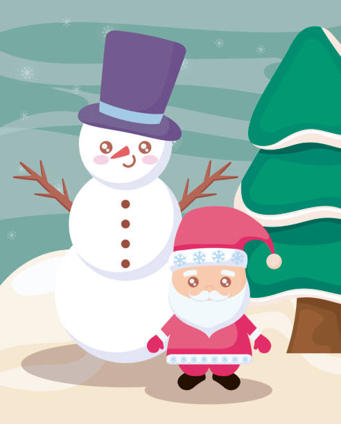 ilustrações de stock, clip art, desenhos animados e ícones de santa claus and snowman with winter landscape in the background - belt men gift night