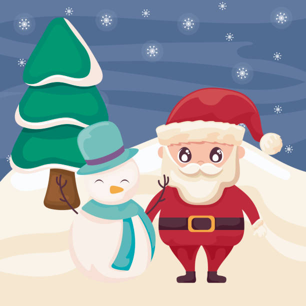 ilustrações de stock, clip art, desenhos animados e ícones de santa claus with snowman on winter landscape - belt men gift night