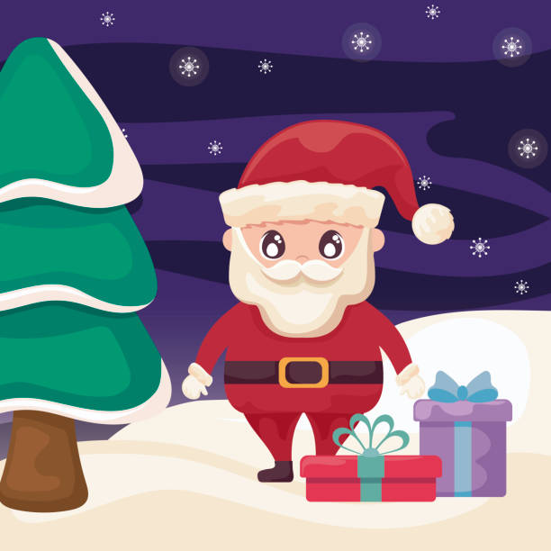 ilustrações de stock, clip art, desenhos animados e ícones de santa claus with gift boxes on winter landscape - belt men gift night