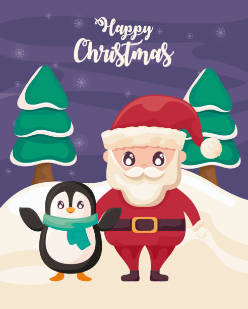 ilustrações de stock, clip art, desenhos animados e ícones de happy christmas label with santa claus and penguin - belt men gift night