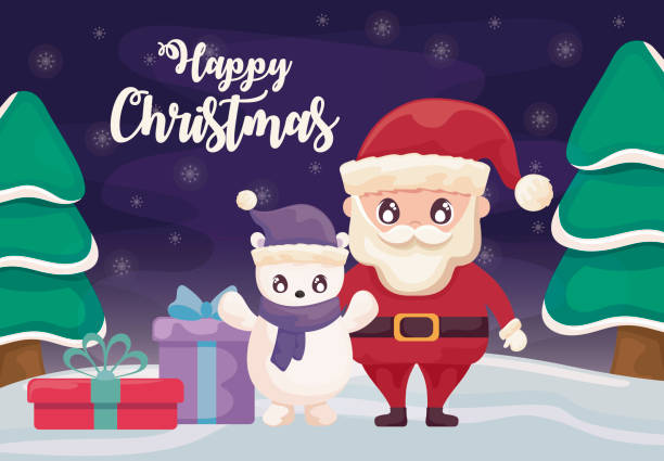 ilustrações de stock, clip art, desenhos animados e ícones de happy christmas label with santa claus and polar bear - belt men gift night