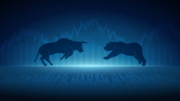 ilustraciones, imágenes clip art, dibujos animados e iconos de stock de gráfico financiero abstracto con toros y oso en el mercado de valores sobre fondo de color azul - bull bear