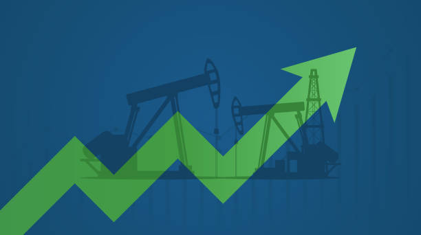abstrakcyjny wykres biznesowy z pompami olejowymi i zielonymi strzałkami na niebieskim tle - opec stock illustrations