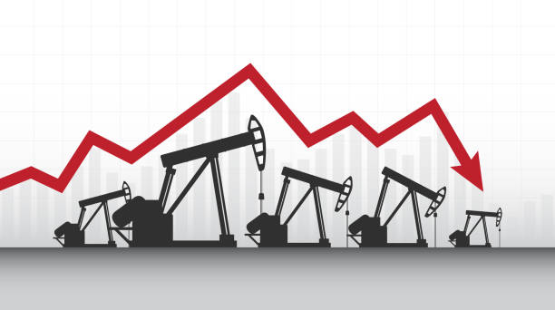 абстрактный бизнес-график с нефтяными насосами и вниз стрелки на фондовом рынке на белом цветном фоне - opec stock illustrations