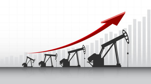 白い色の背景に株式市場でオイルポンプと上矢印を持つ抽象的なビジネスチャート - industrial equipment industry growth silhouette点のイラスト素材／クリップアート素材／マンガ素材／アイコン素材