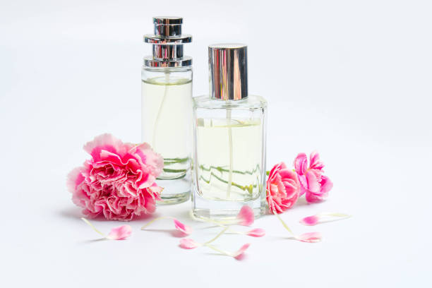 Beautiful perfume bottles  and pink carnations on white background