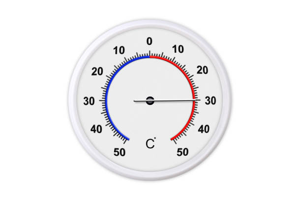 istock Celsius scale thermometer for measuring weather temperature.  Thermometer isolated on white background. Ambient temperature plus 30 degrees 1179297398