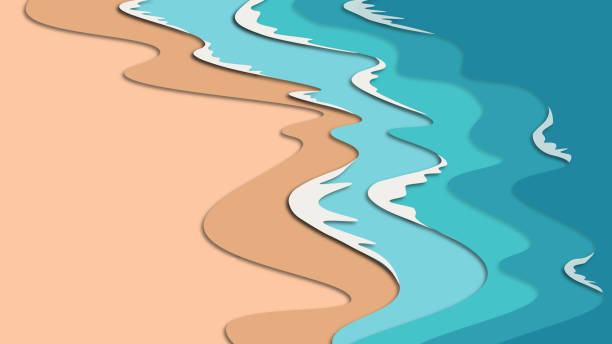 illustrazioni stock, clip art, cartoni animati e icone di tendenza di sean o sfondo dell'acqua dell'oceano. illustrazione cartone animato papercut con effetto multistrato - sabbia illustrazioni