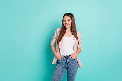 Portrait of her she nice attractive lovely pretty well-dressed gorgeous, cheerful cheery content straight-haired girl isolated over bright vivid shine blue green teal turquoise background