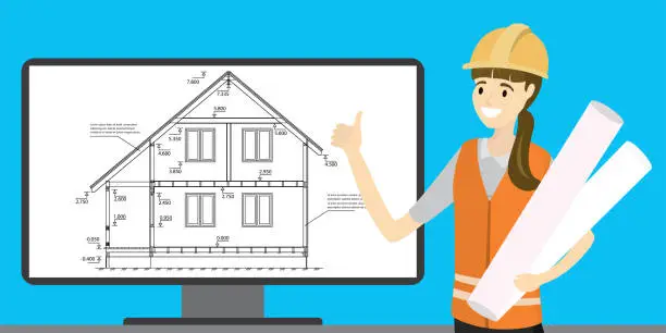 Vector illustration of Beauty caucasian woman engineer or architect and house plan or scheme on monitor screen.