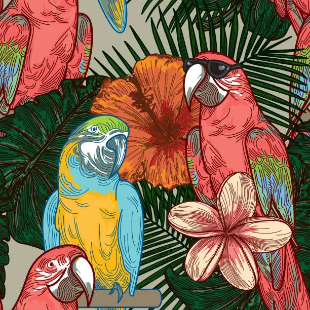 Vector illustration of Cool Seamless Tropical Plant Parrot Pattern