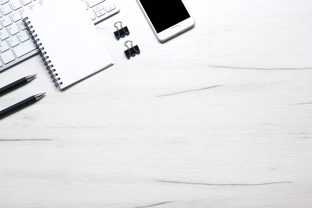 istock Office desk table with supplies. Flat lay Business workplace and objects. Top view. Copy space for text 1179305095