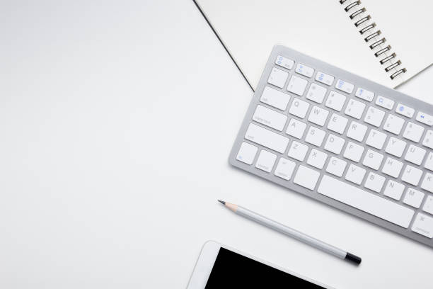 istock Office desk table with supplies. Flat lay Business workplace and objects. Top view. Copy space for text 1179305190