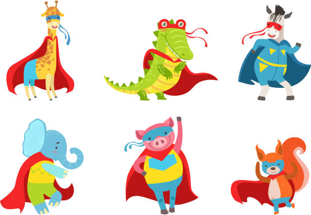 Cartoon animals in costumes of superheroes. Vector illustration Cartoon animals in costumes of superheroes. Elephant, pig, squirrel, giraffe, zebra crocodile Vector illustration background of the crazy squirrel stock illustrations