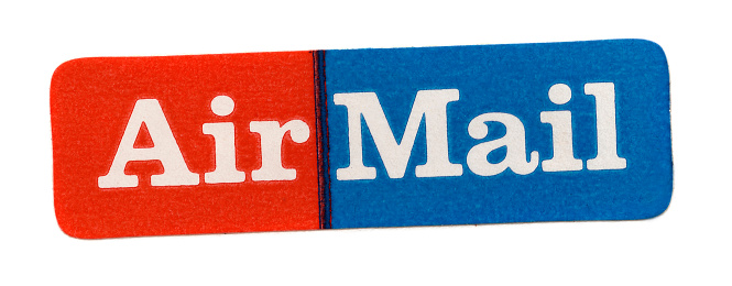 Vintage air mail label on white background (1973)